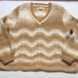 LOFT Spacedye V-Neck Cable Knit Pullover Sweater - Tan Cream Beige - Size XL